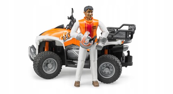 Oranje en witte quad met "RACE"-opschrift, met speelgoedfiguur in oranje vest en witte kleding.