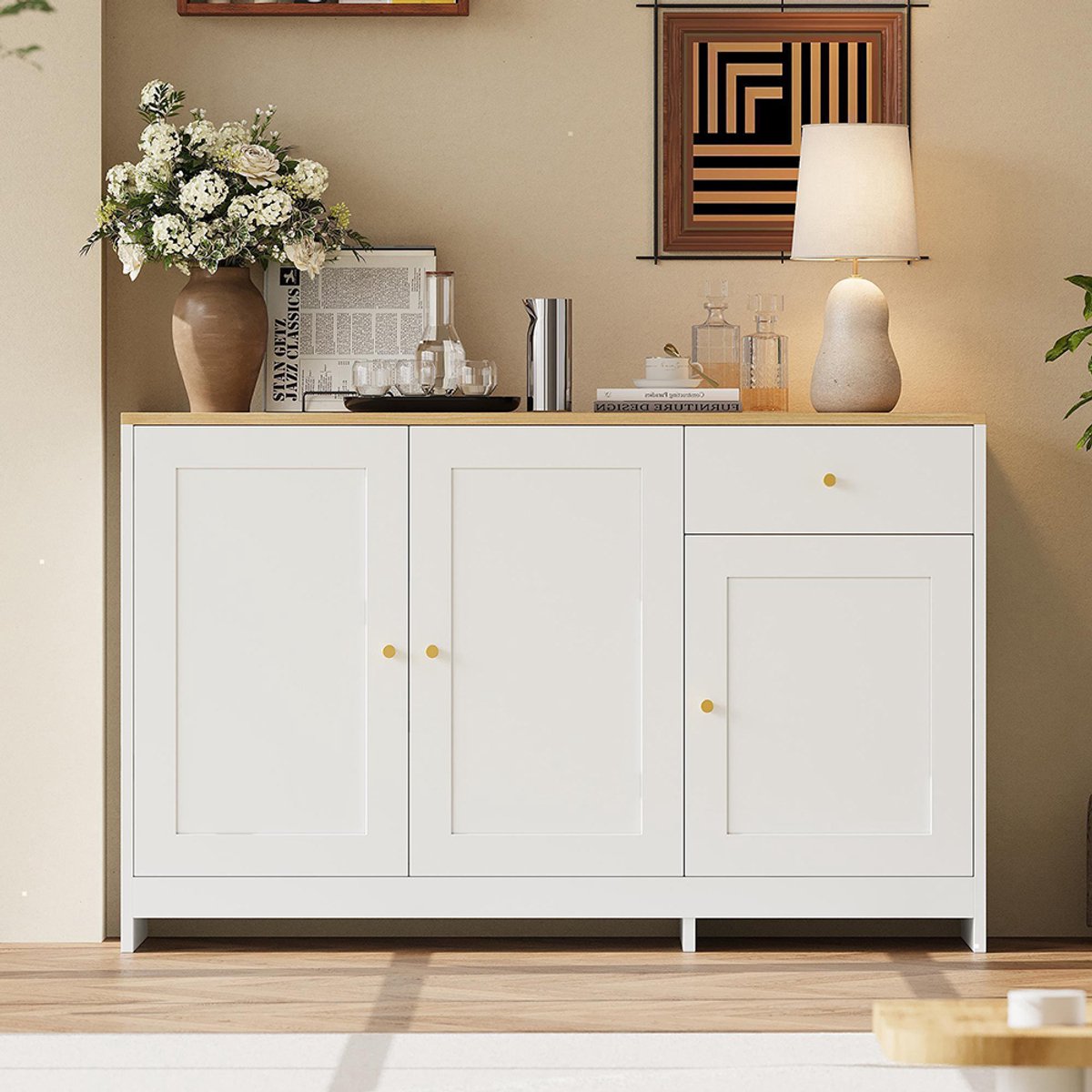 BLACKCOLORS Buffetkast met 3 deuren en 1 opberglade – ladekast die dienst doet als buffetkast voor de woonkamer en eetkamer, in natuurlijke en witte afwerking, afmetingen: 120 x 40 x 75 cm