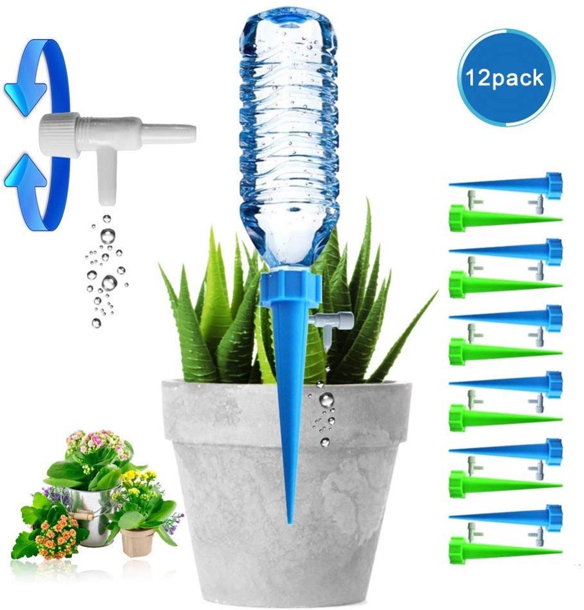 Verbeterde verstelbare zelfbewaterende gietdoppen. Automatisch druppelirrigatiesysteem voor tuinplanten, geschikt voor binnen en buiten – te gebruiken met flessen (12-pack). Verzorg uw planten thuis en op kantoor.