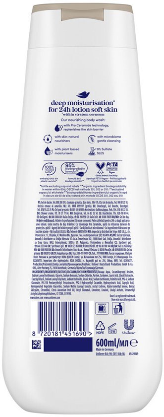 Achterkant Dove Deep Moisturisation douchegel fles 600ml. Met productinformatie en keurmerken.