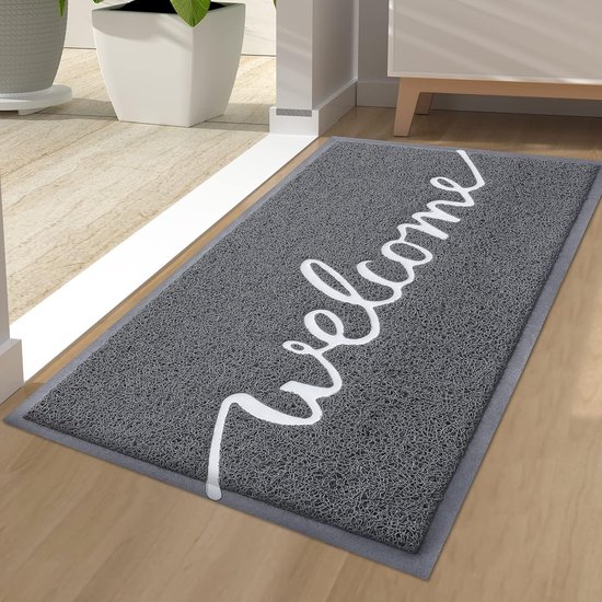 Paillasson de bienvenue, adapté à l'intérieur et à l'extérieur, piège à saleté antidérapant, tapis extérieur lavable pour porte d'entrée, entrée, jardin, Bienvenue Gray, 44*76 cm