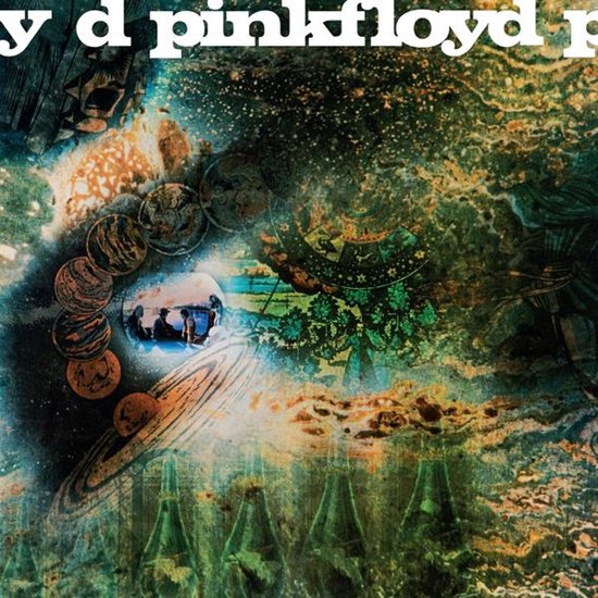 De hoes van Pink Floyd's 'Saucerful of Secrets' toont een psychedelische collage van planeten, kosmische beelden en abstracte vormen in groen-bruine tinten.