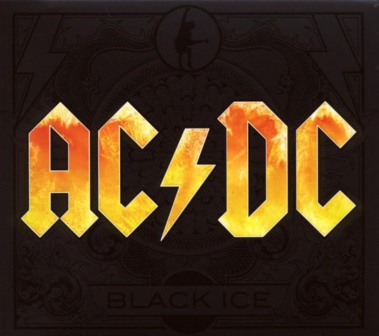AC/DC BLACK ICE albumcover met gele brandende letters en bliksem
