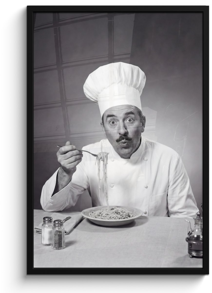 FrameYourWall Poster in lijst - Fotolijst 60x90 cm - Posters - Chef - Spaghetti - Pasta - Posterlijst zwart - Decoratie - Wanddecoratie woonkamer - Muurdecoratie slaapkamer