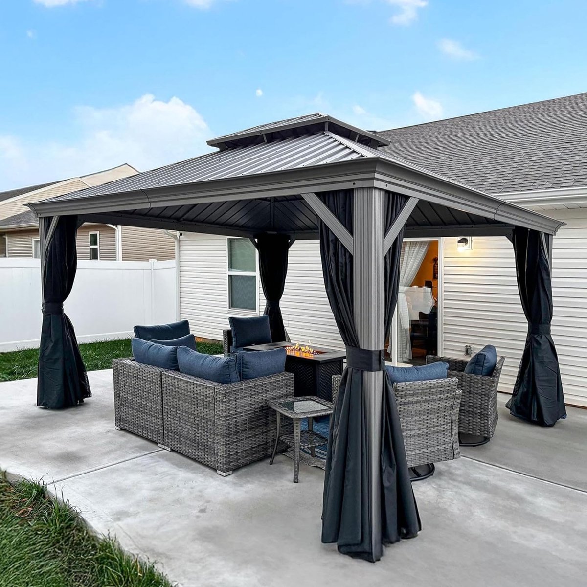 Tuinpaviljoen 3,65x4,25m Hardtop Aluminium met Stalen Dak – Waterdicht UV-bestendig met Gordijnen en Muggennet – Luxe Terras Overkapping Lichtgrijs | Laura