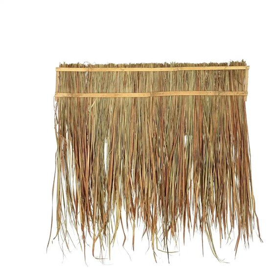 Dichtgevlochten strook met lange, dunne sprieten, aan een houten frame bevestigd.