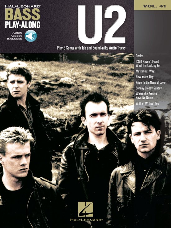 Boekcover van U2 Bass Play-Along met 4 bandleden en een lijst met nummers.