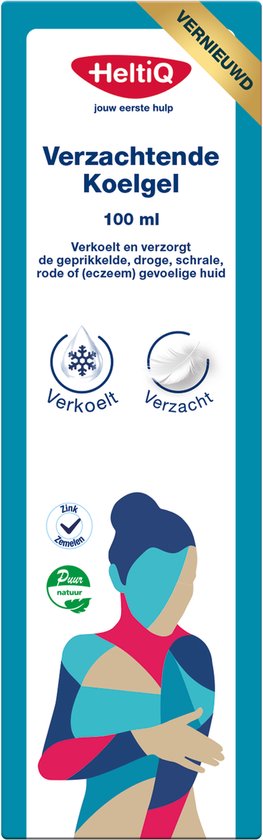 HeltiQ Verzachtende Koelgel 100 ml verpakking met vernieuwd logo, blauwe en rode geometrische print van een torso.