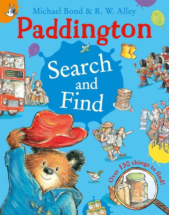 Livre "Paddington Search and Find" avec illustrations d'un bus rouge, ours Paddington avec chapeau rouge, militaires, crêpes et une chaise prêtée avec un prince.