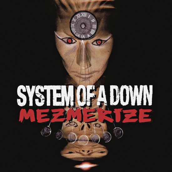 Albumhoes System of a Down Mezmerize met een gezicht met rode ogen en een klok bovenop.