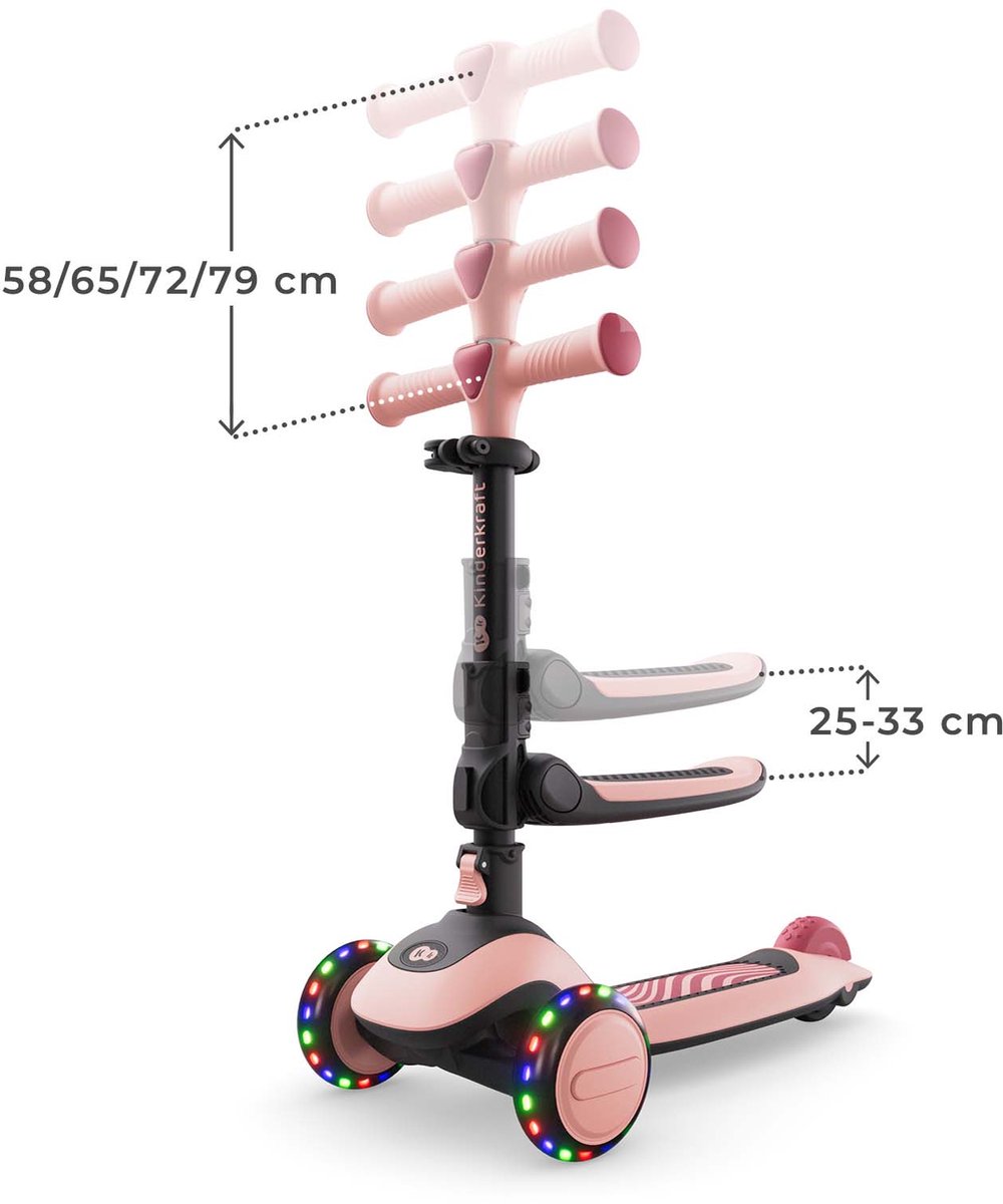 Kinderkraft HALLEY 2 2-in-1 Loopfiets en Driewieler Step - Voor Kinderen van 1-5 Jaar, Max 50 kg - Verstelbaar Zadel en Stuur, Opvouwbaar, LED Wielen - Roze thumbnail 4