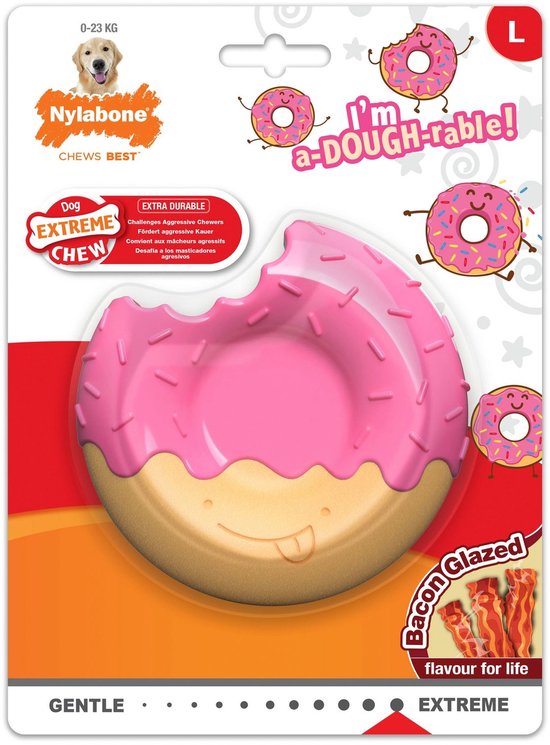 Nylabone Extreme Chew donut met roze glazuur en bruine onderkant, 'Bacon Glazed' smaak, maat L.