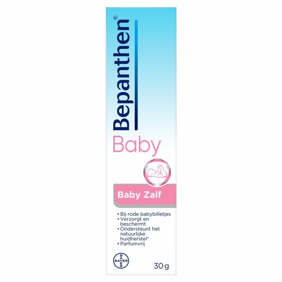 Verpakking van Bepanthen Baby Zalf 30g, met blauwe en roze accenten.