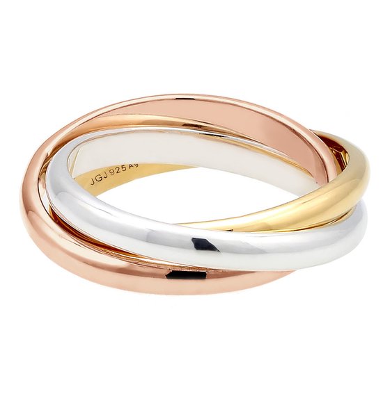 Dri COLORS ring van zilver, goud en roségoud, met inscriptie 'JGJ 925 Ag'.