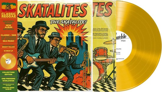 Skatelites LP, de pioniers van Jamaicaanse ska muziek, met album artwork van een band in pakken die instrumenten bespelen.