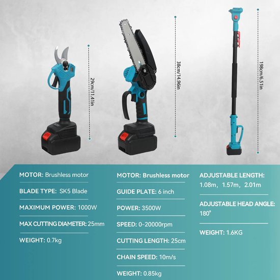 Cellista Kettingzaag 6 Inch 21V - Elektrische Snoeizaag - Accu Takkenzaag - Telescopische Snoeischaar 40mm - 2 Meter Verlengstang - 3500W van Merkloos	 — afbeelding 3