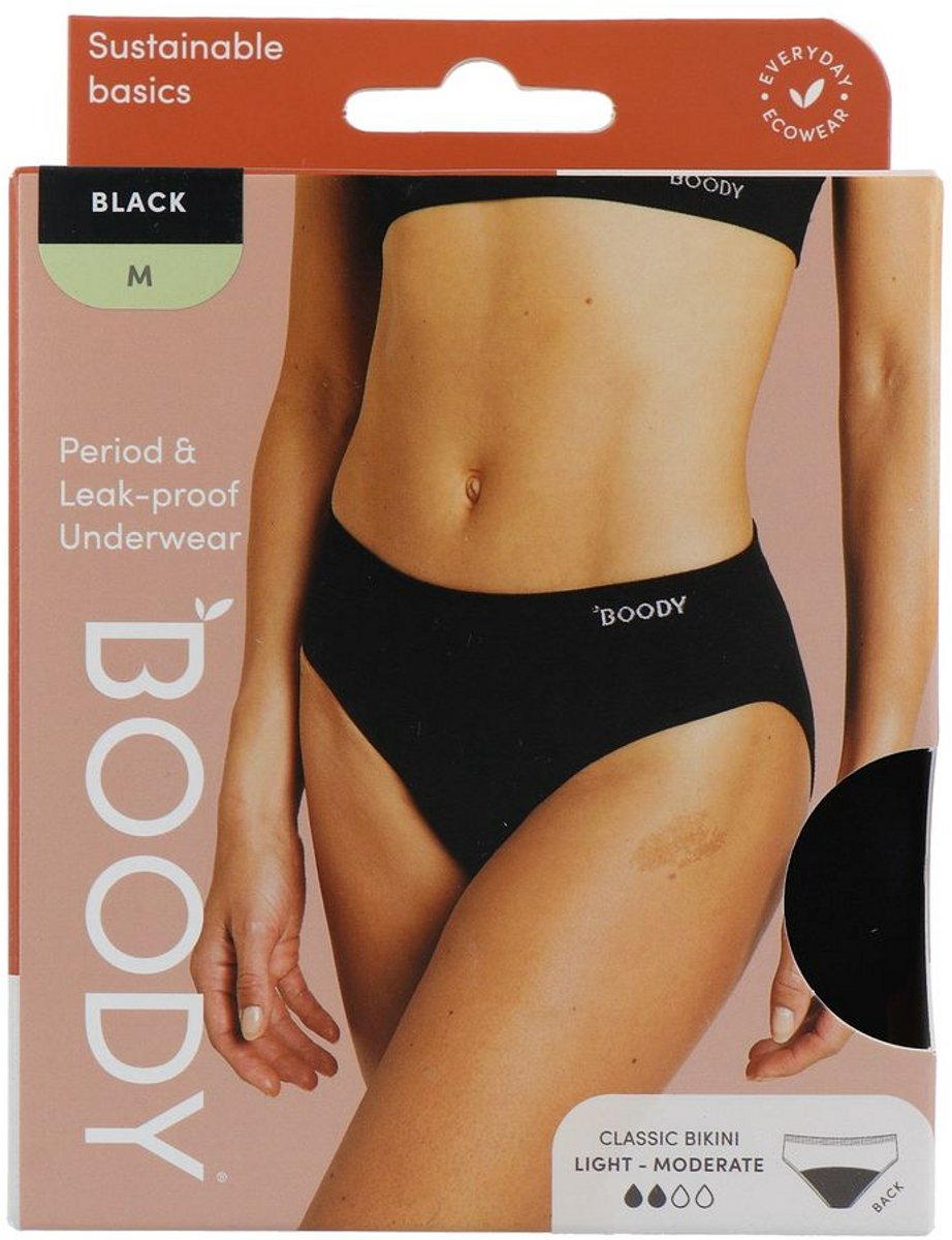 Boody - Bamboe Classic Bikinislip menstruatieondergoed - Zwart - Licht/Normaal (ca. 10 ml/2 tampons) maat M