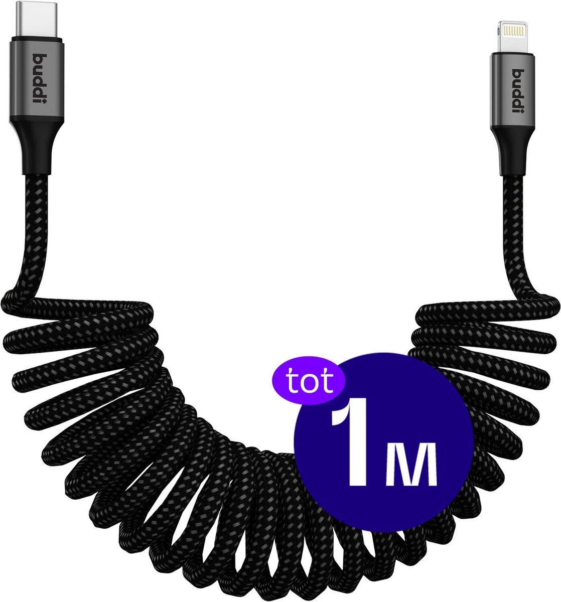 Image of Buddi Flex | Uitrekbare USB-C naar Lightning Krul Kabel 12W Fast Charge 5V/2.4A | 480Mbps Dataoverdracht | Gevlochten Elastisch Nylon | Krulsnoer | Spiraalkabel | Voor in de auto | 1M Zwart