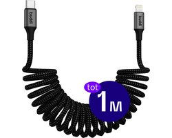 Buddi Flex | Uitrekbare USB-C naar Lightning Krul Kabel 12W Fast Charge 5V/2.4A | 480Mbps Dataoverdracht | Gevlochten Elastisch Nylon | Krulsnoer | Spiraalkabel | Voor in de auto | 1M Zwart