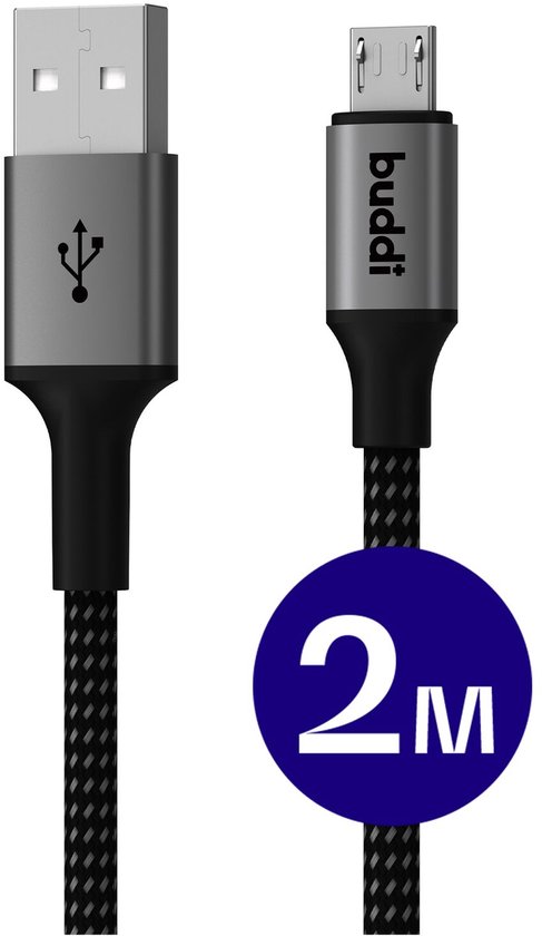 Zwarte 2 meter lange gevlochten USB-A naar Micro-USB kabel met grijze connectoren.