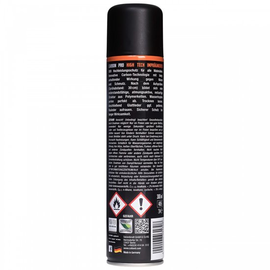 Achterkant van de Collonil Carbon Pro spuitbus. Met gedetailleerde informatie en waarschuwingssymbolen.