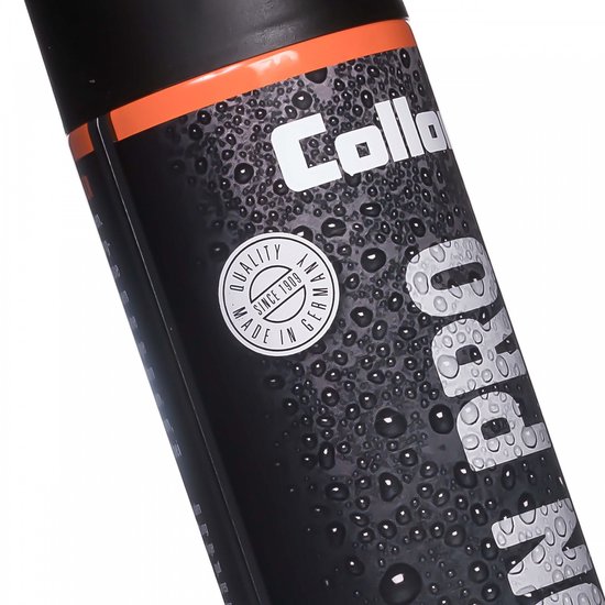 Close-up van de Collonil Carbon Pro spuitbus met druppels en sticker 'Quality Made in Germany'.