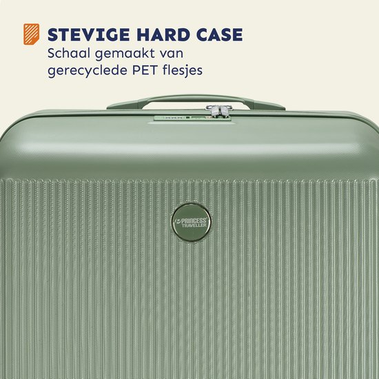 Lichtgroene koffer van gerecycled PET met verticale ribbels en een logo.