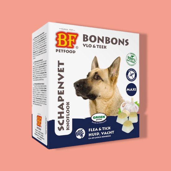 BF Petfood Schapenvet Knoflook Bonbons, 40 stuks. Een Duitse herder kijkt naar de verpakking met 3 knoflookbonbons.