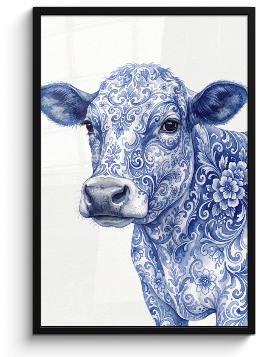 FrameYourWall Poster in lijst - Fotolijst 60x90 cm - Posters - Illustratie - Koe - Blauw - Posterlijst zwart - Decoratie - Wanddecoratie woonkamer - Muurdecoratie slaapkamer