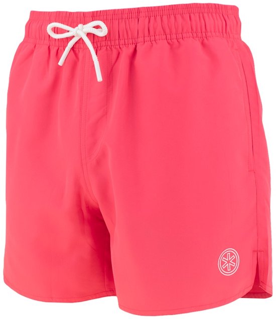 Koraalkleurige zwembroek met witte veter en een wit logo op de zijkant.