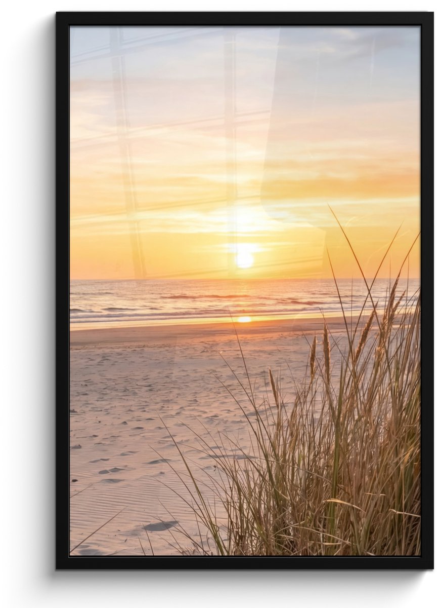 FrameYourWall Poster in lijst - Fotolijst 60x90 cm - Posters - Zonsondergang - Duinen - Zee - Posterlijst zwart - Decoratie - Wanddecoratie woonkamer - Muurdecoratie slaapkamer