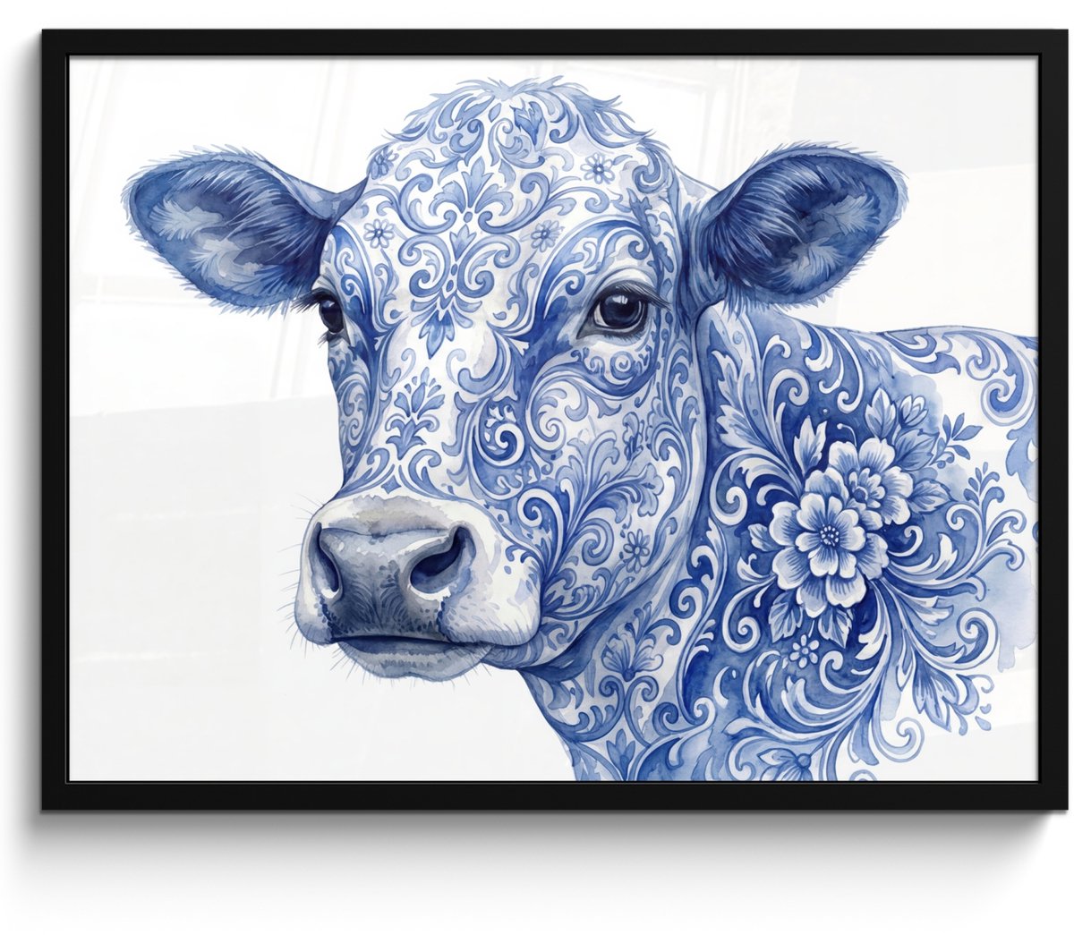 FrameYourWall Poster in lijst - Fotolijst 80x60 cm - Posters - Illustratie - Koe - Blauw - Posterlijst zwart - Decoratie - Wanddecoratie woonkamer - Muurdecoratie slaapkamer