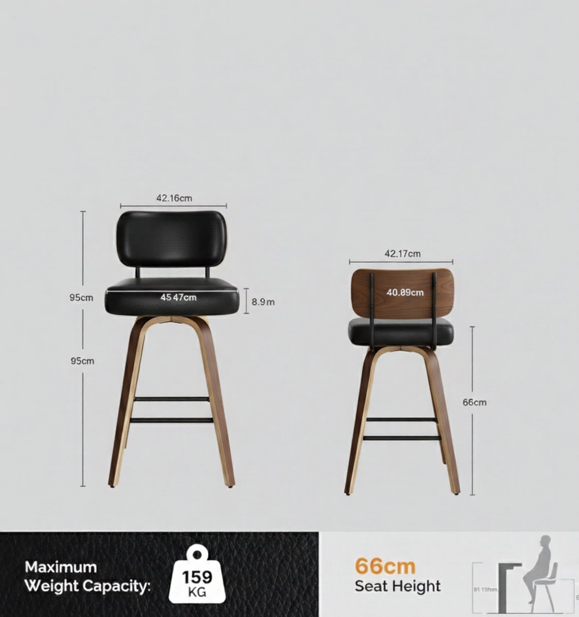 Barkruk Draaibaar Set van 2 – House&Garden Luxe Mid-Century Barstoelen met Rugleuning, 65 cm Zithoogte, PU-Leer en Massief Walnotenhout, 4 Poten met Voetensteun – Keuken- en Woonbarstoelen Zwart