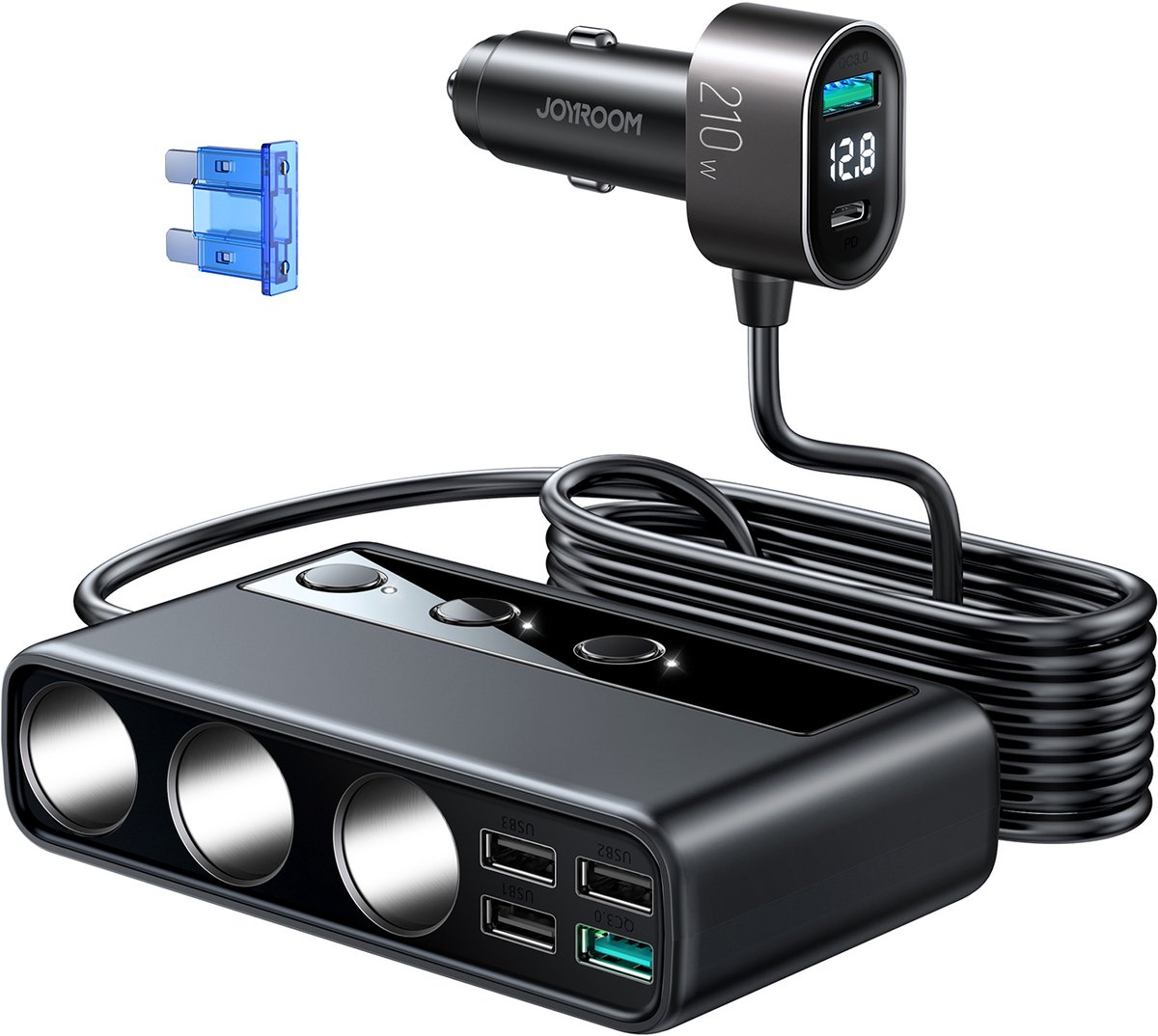 Autolader met Sigarettenaansteker met USB C en USB A - Snellader - 210W - 1 Meter kabel - Zwart - Joyroom