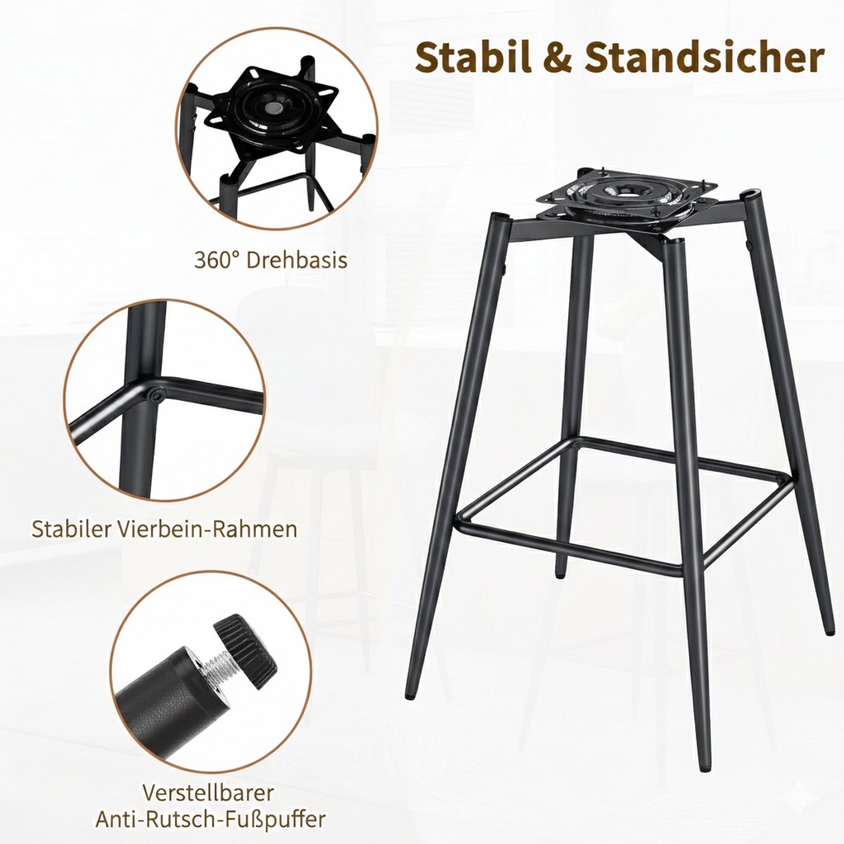Barkrukken Set 4er – 75 cm Sitzhöhe – 360° Drehbar – Gepolsterter Stoff Barstuhl mit Rückenlehne & Metallgestell – Moderner Tresenstuhl für Küche, Kücheninsel & Essbereich – House&Garden Grau