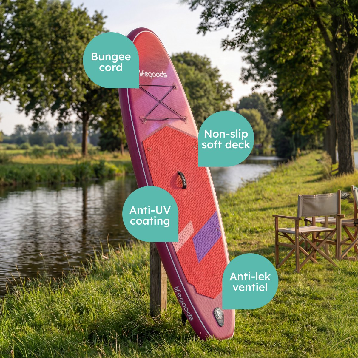 LifeGoods SUP Board Allround Compact - 120 KG Draagkracht - 300 x 76 cm - Opblaasbaar - Compleet SUP pakket - Rood/Lila – foto 8