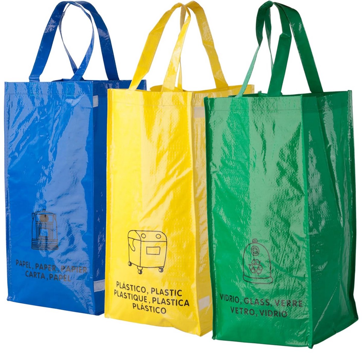 Set van 3 Herbruikbare Afvalscheidingszakken voor Recycling - Papier, Glas en Restafval