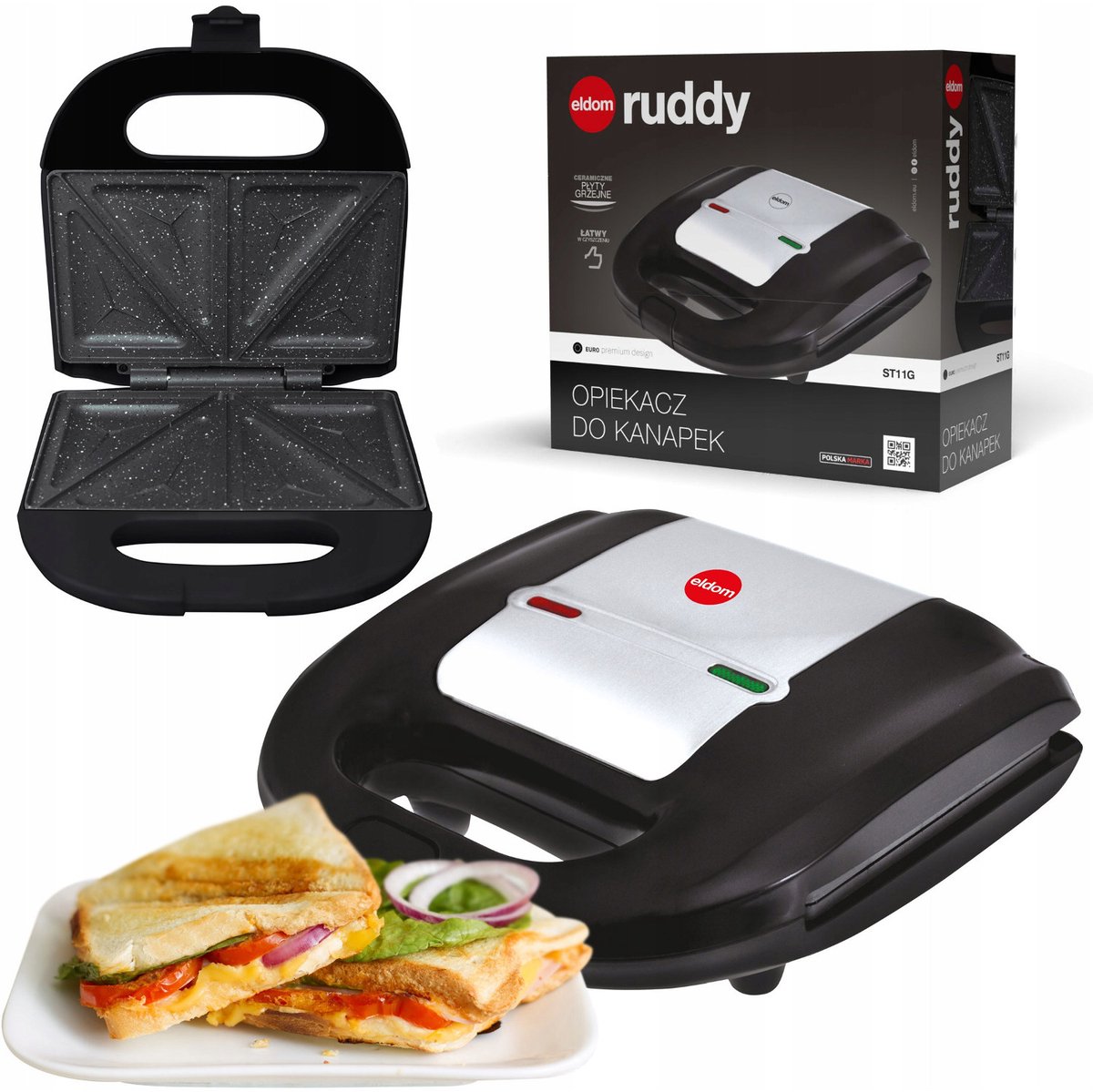 Eldom - Tosti apparaat - sandwichmaker, antiaanbaklaag van keramiek, vermogen 750 W, LED-indicatielampje, antislipvoetjes, ST11G