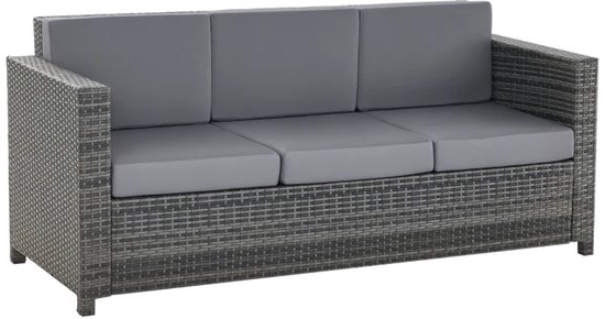 Banc de Jardin Polyrattan - 3 Places - Mobilier de Jardin - Banc de Siège avec Accoudoirs et Coussins - Chaise Longue de Jardin - Banc de Balcon - Banc Lounge - Banc d'Extérieur - pour Jardin, Balcon et Terrasse - Banc en Rotin Deux Places - Gris