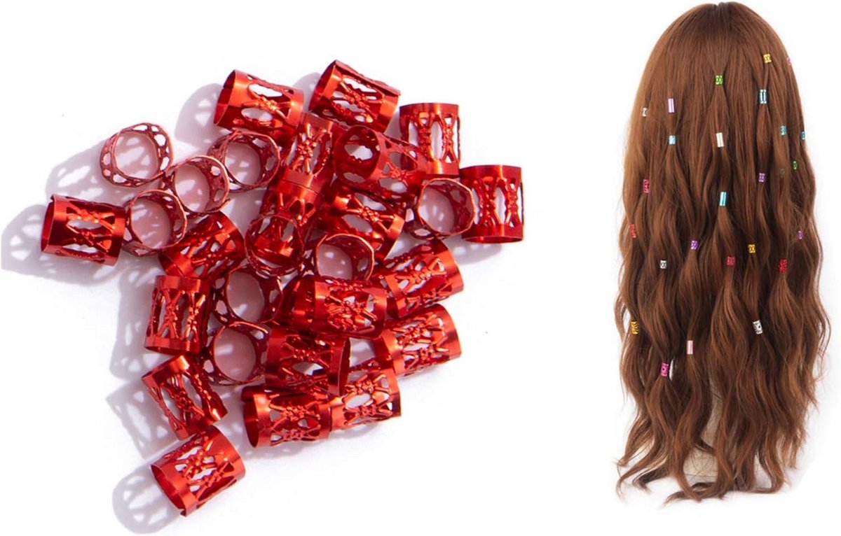 100x Verstelbare Haar Manchetten Dreadlocks Klemmen Ringen voor Vlechten en Haaraccessoires (Rood)