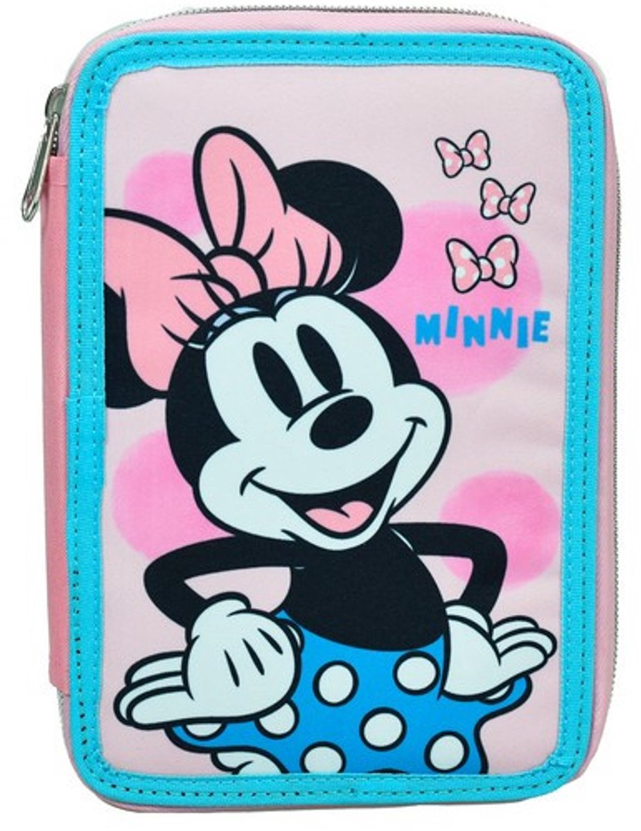 Disney Minnie Mouse Gevulde Etui - 28 stuks - Dubbellaagse pennenzak - 1 set - Voor kinderen - Voor meisjes - Roze - Blauw