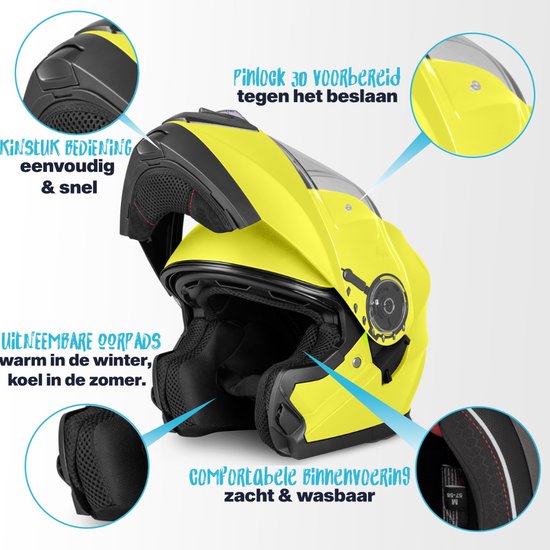 Gele systeemhelm met zwarte details. Details: kinstuk bediening, uitneembare oorpads, comfortabele binnenvoering, pinlock voorbereid.