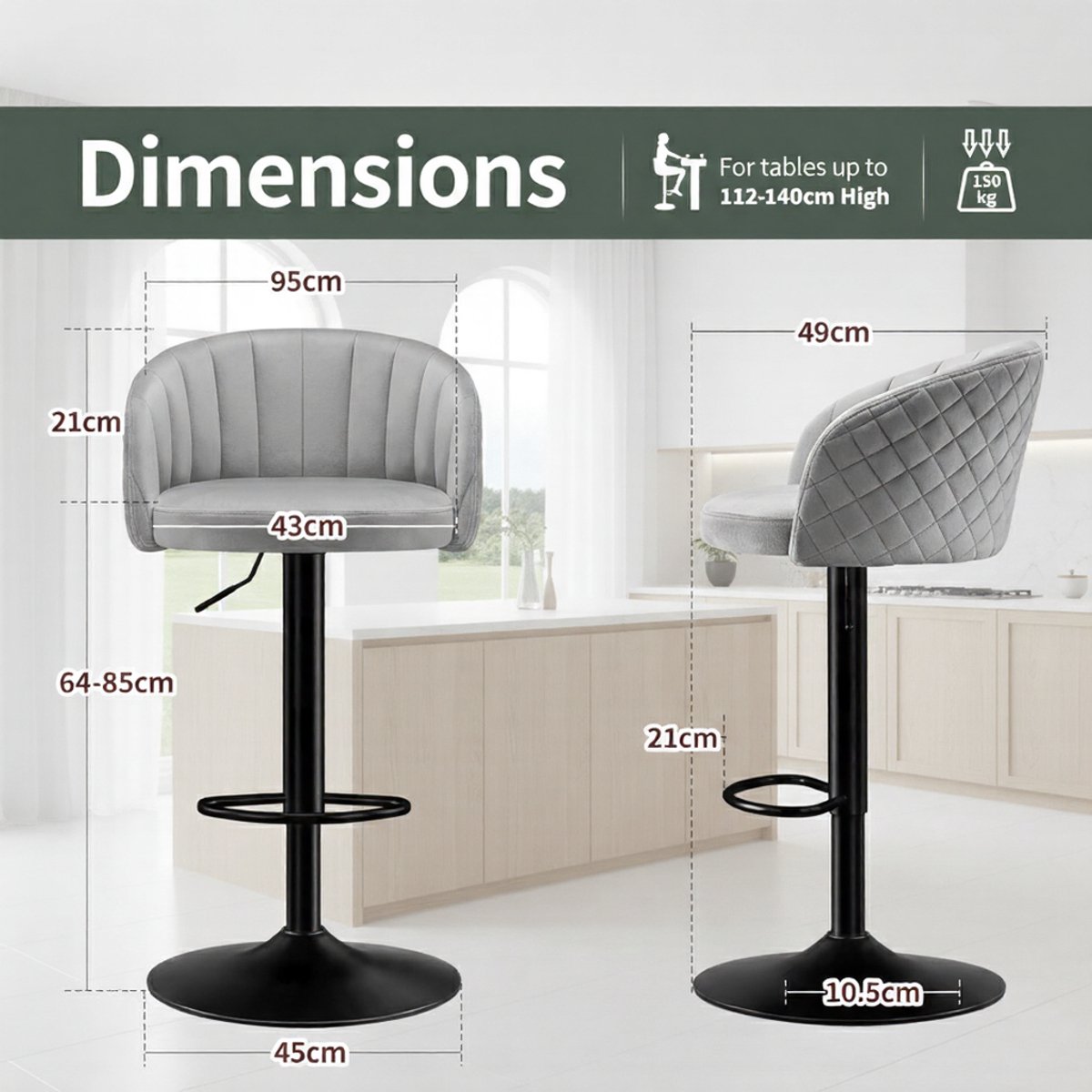 Barkruk Set van 2 – House&Garden Luxe 360° Draaibare Verstelbare Barstoelen met Rugleuning en Armleuning – Grijs Melkfluweel, Metalen Frame, Voetsteun – Comfortabele Barstoelen voor Keuken, Eetkamer, Café en Bistro