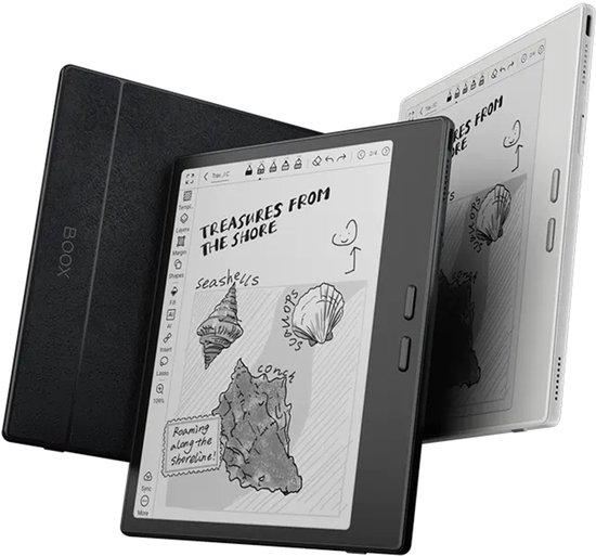 Een witte en een zwarte e-reader met schrijfomslag, met tekening van schelpen.