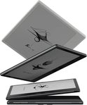 Drie witte e-readers op elkaar, met een schets van een abstract figuur.
