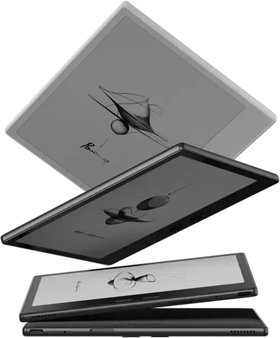 Drie witte e-readers op elkaar, met een schets van een abstract figuur.