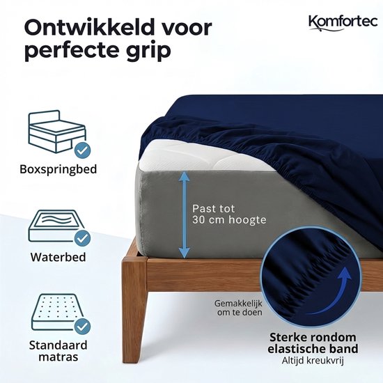 Donkerblauw hoeslaken met elastiek rondom, past tot 30 cm matrasdikte. Geschikt voor boxspring, waterbed en matras.