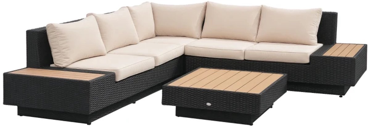 Luxe XXL Tuinset - 4-Delige Loungeset van Polyrotan - Tuinmeubelset - Hoekbank - Tuintafel - met Planken, Bijzettafel en Zitkussens - Ideaal voor tuin, balkon en terras - Hoeklounge - Zitgroep - Zwart