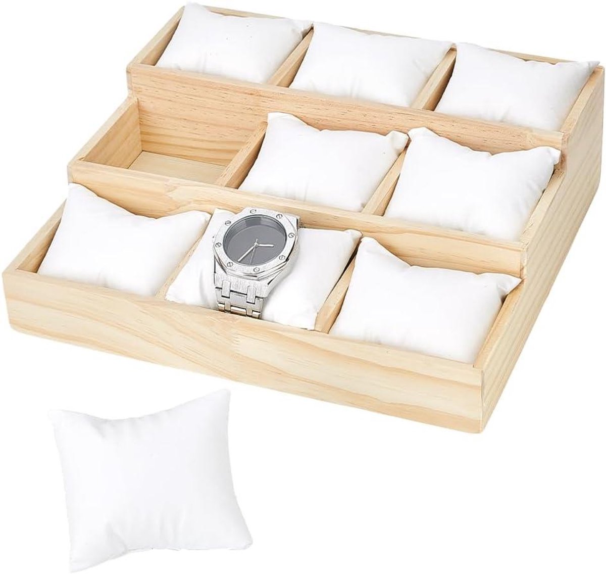 Allecto-Houten Horlogeplank met 3 Niveaus en 9 Rasters - Sieradendienblad - Trapvorm - Geschikt voor Dames en Heren - Natuurlijk Hout - Armbanden - Horloges - Sieraden - Horlogeopberger met Compartimenten