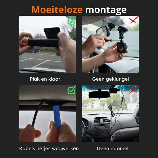 Demonstratie van eenvoudige montage van een dashcam. Beelden tonen "Plak en klaar!", "Geen geklungel", "Kabels netjes wegwerken" en "Geen rommel".